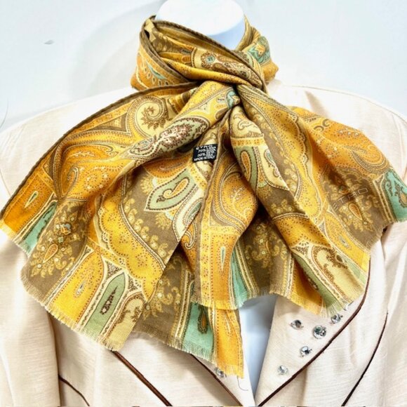 Vgt  ETRO scarf 70%Wool/39% Silk 56"x17" Rusty Gold Blue Paisley Fringed (37) - Picture 6 of 11